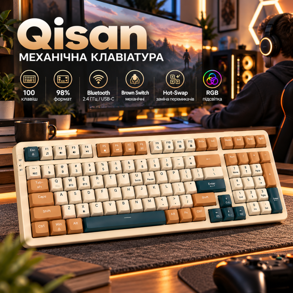 Механічна клавіатура Qisan 100 клавіш, 98%, Bluetooth/2.4 ГГц/USB-C, Brown Switch, Hot-Swap, RGB, US Layout Київ - фото 1