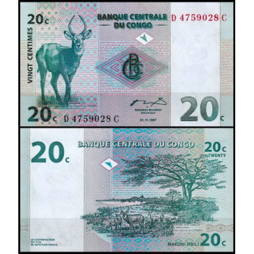 Конго Д. Рес/Congo D. Rep 20 Centimes 1997 P83 UNC Полтава - изображение 1