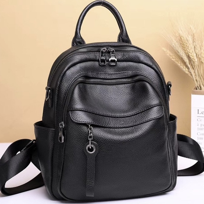 Жіноча чорна шкіряна наплічна сумка-рюкзак Київ - фото 2