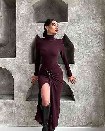 Жіноче елегантне романтичне максіплаття гольф із плічками та розрізом на ніжці Марсал, 42/44 Одеса