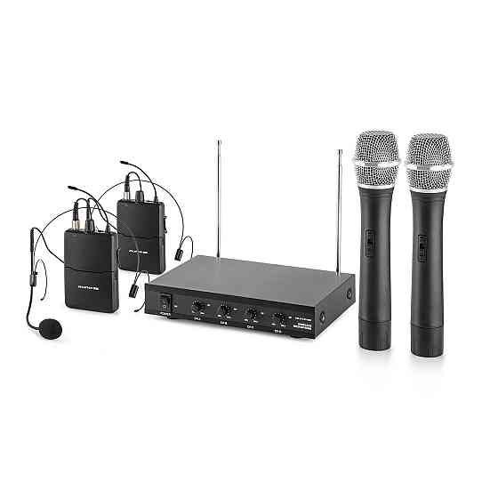 VHF-4-H-HS 4-канальний комплект бездротових мікрофонів VHF 2 гарнітури 2 ручні мікрофони 100 м 2 ручні / 2 Рівне
