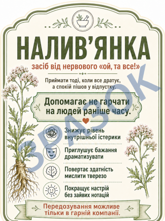 Этикетка на бутылку «Наливьянка» + контрэтикетка | подарочная наклейка в стиле валерьянки | прикольная этикетка на алкоголь Одесса