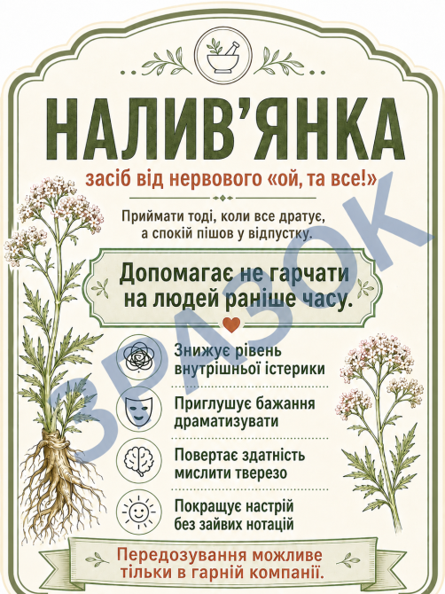 Етикетка на пляшку «Налив’янка» + контретикетка | подарункова наліпка у стилі валер’янки | прикольна етикетка на алкоголь Одеса - фото 1