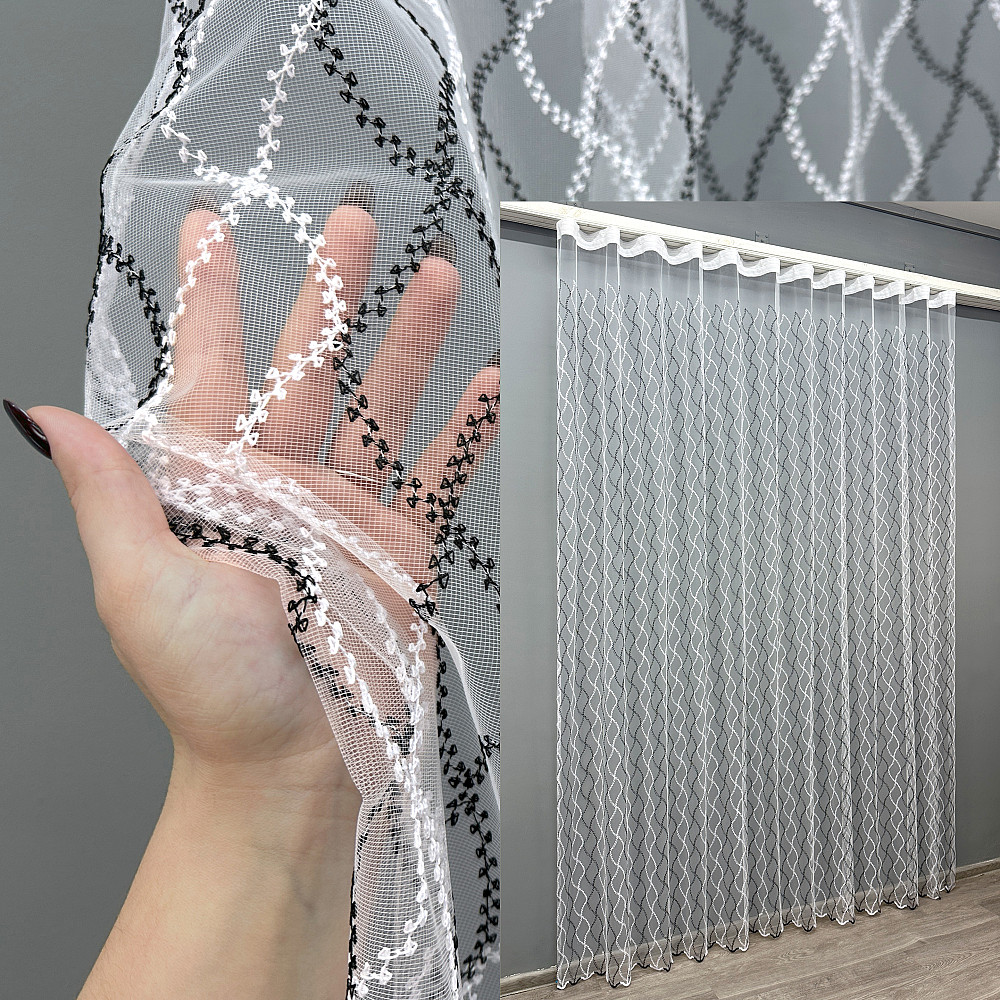 Тюль VR-Textil 1839т Фатин с вышивкой Белый с черным 300х270 см (40-194) Киев - изображение 1