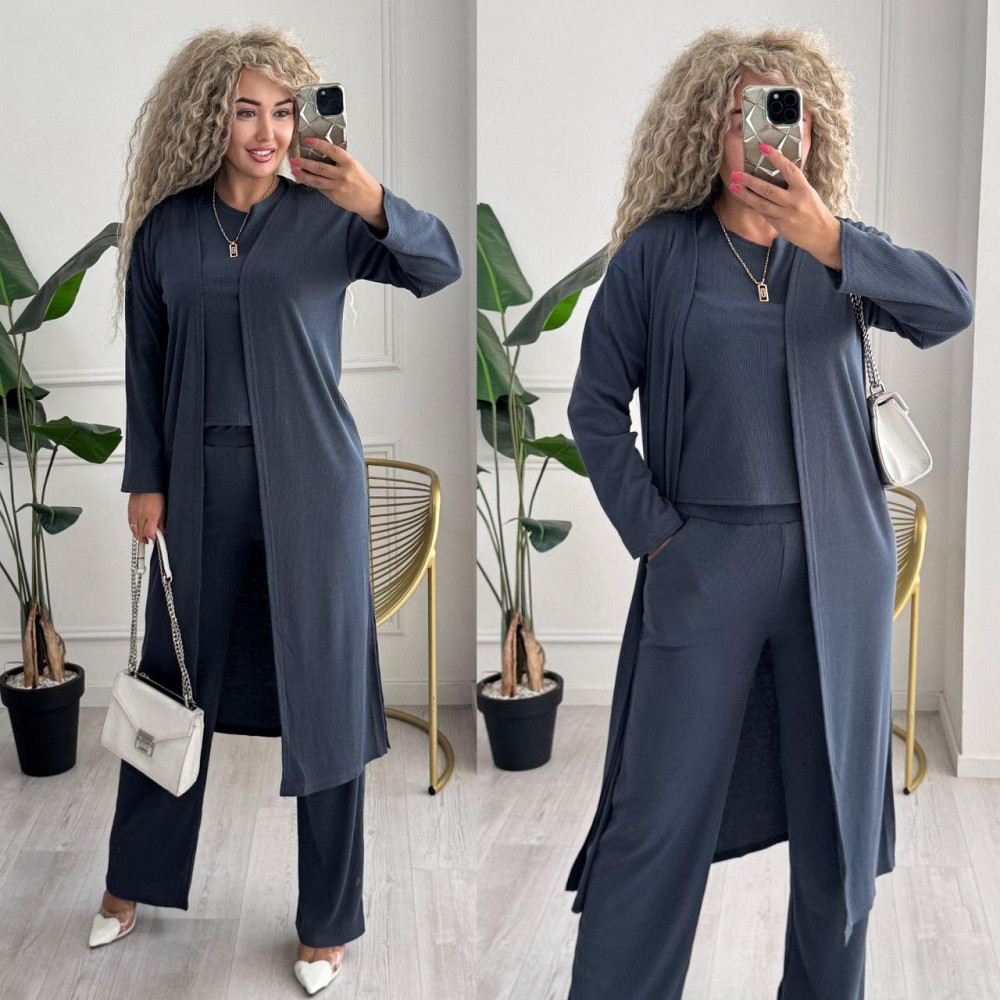 Женский базовый прогулочный костюм тройка: кардиган футболка и штаны трикотажный рубчик Графит, 52/54 Одесса - изображение 9