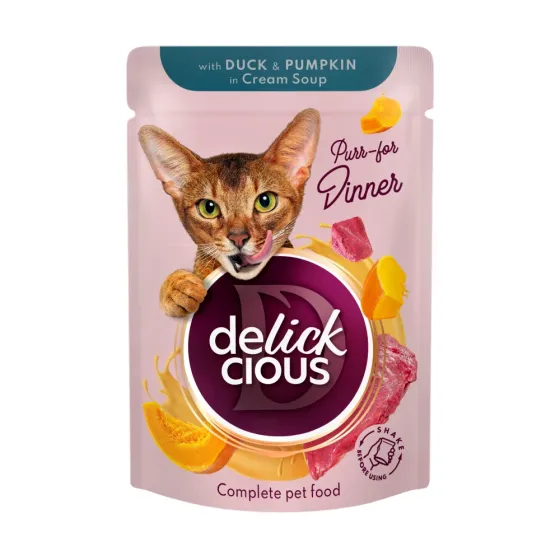 Вологий корм для дорослих котів Делікшес Delickcious смужки з качкою та гарбузом в крем-супі, 85 г Вінниця