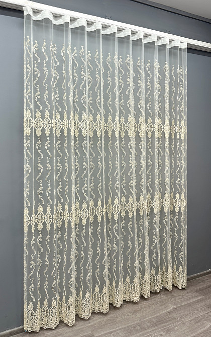 Тюль VR-Textil 1852т Фатин с вышивкой Корд и люрексом Молочный с золотистым 300х270 см (40-206) Киев - изображение 3