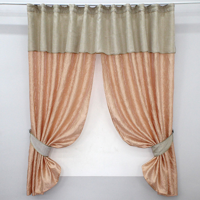 Кухонні штори VR-Textil № 073к з ламбрекеном і підхватами салатовий з бежевим 270х170 см (52-0180) Київ - фото 1