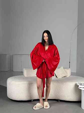 Жіночий домашній велюровий міні халат плюш велюр Червоний, Oversize 42/46 Одеса