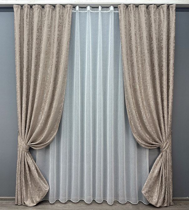 Комплект штор VR-Textil Лен Мрамор 150х270 2шт и Тюль 400х270 1717ш-1276т Серо-бежевый с белым 71-013/3 Киев - изображение 1