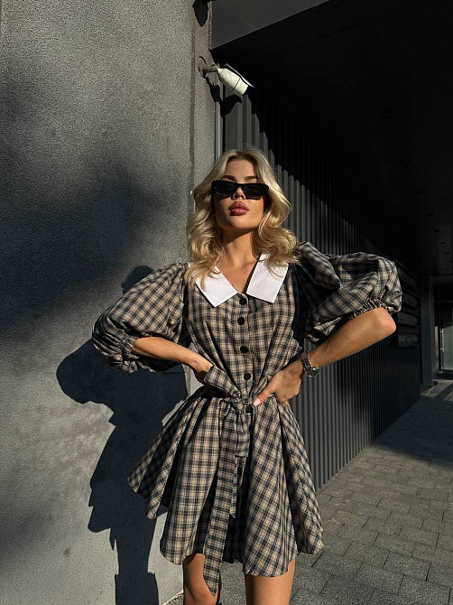 Женское стильное платье в клетку с белым воротником турецкая байка Одесса - изображение 2