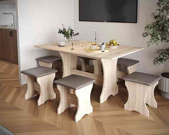 Обеденный стол и 6 мягких табуреток (комплект 7 предметов). МС - Дуб Сонома Львов