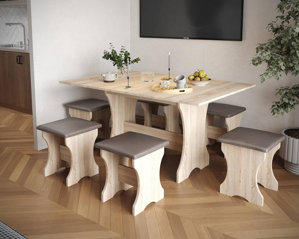 Обеденный стол и 6 мягких табуреток (комплект 7 предметов). МС - Дуб Сонома Львов - изображение 1