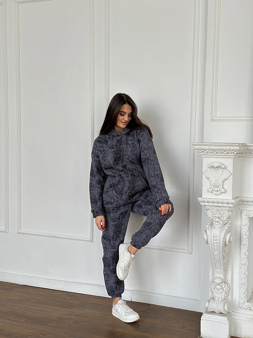 Теплый костюм женский мраморный принт на флисе Графитовый S-M Харьков - изображение 1