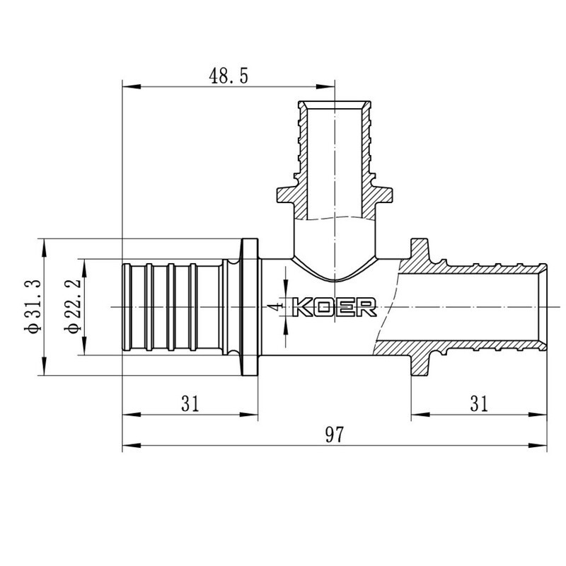 Трійник перехідний Koer KA.T25-20-25 - 25(3.5mm) x 20(2.8mm) x 25(3.5mm) (KR4892) Київ - фото 7