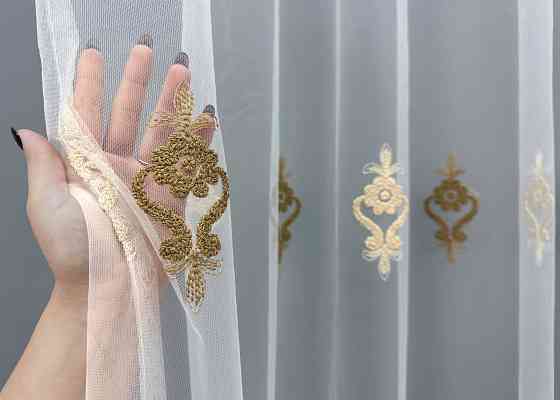 Тюль фатин с объемной вышивкой цвет белый с бежевым и шоколадным 1845т Киев