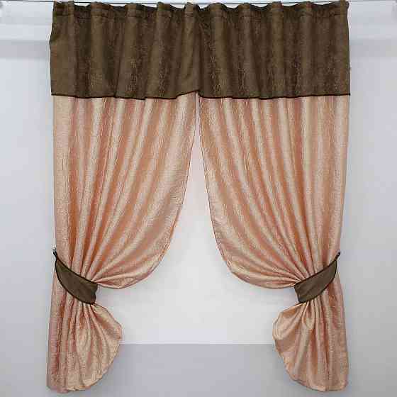 Кухонные шторы VR-Textil № 073к с ламбрекеном и подхватами персиковый с коричневым 260х170 см (52-0106) Киев
