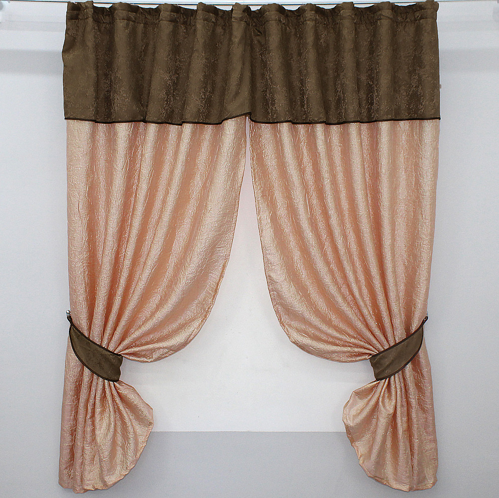 Кухонные шторы VR-Textil № 073к с ламбрекеном и подхватами персиковый с коричневым 260х170 см (52-0106) Киев - изображение 1