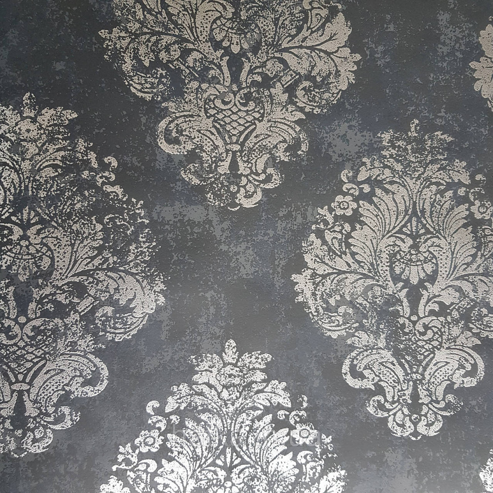 Шпалери флізелінові еко Galerie Metallic FX 0,53Х10 англійські вензелі срібні структурних на чорному тлі Київ - фото 1