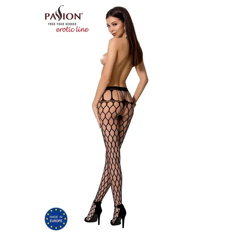 Еротичні колготки-бодістокінг Passion S021 black, у крупну сітку з високим поясом Львів - фото 4