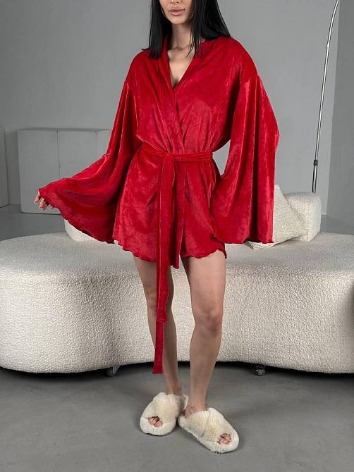Женский домашний велюровый мини халат плюш велюр Красный, 48/52 Одесса - изображение 7