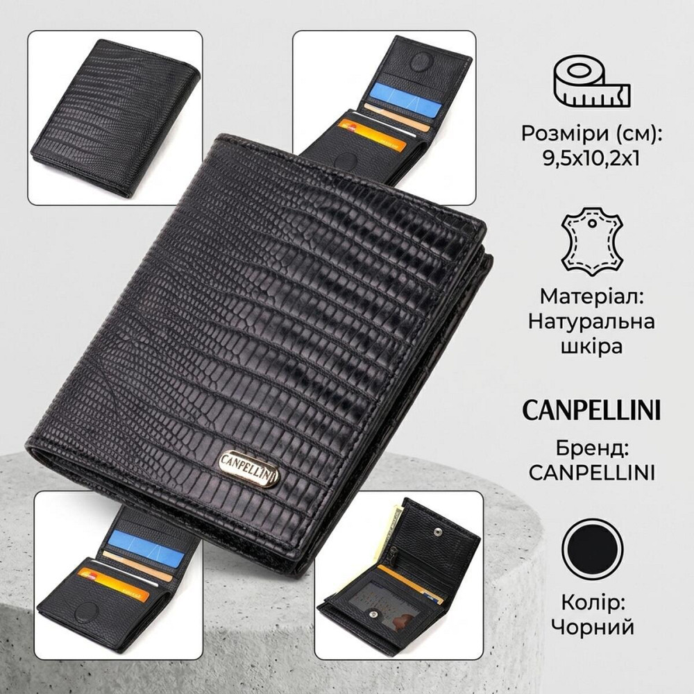 Шкіряне компактне портмоне для чоловіків з тисненням CANPELLINI 21739 Чорне Київ - фото 12