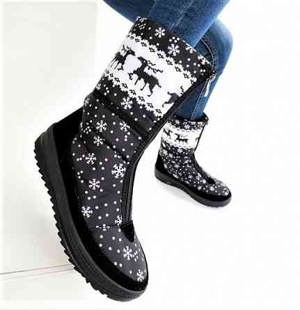 Зимові жіночі Дутики Чоботи на Хуху Теплі Чорні з Оленами (розміри: 37,38,39,40) Дніпро