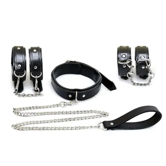 Набір BDSM Art of Sex - Emoji, наручники, поножі, нашийник з повідцем, екошкіра, чорний Львов