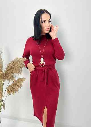 Довга ангорова сукня з поясом "Juliette" оптом | Норма і батал 46-48, Бордовий Київ