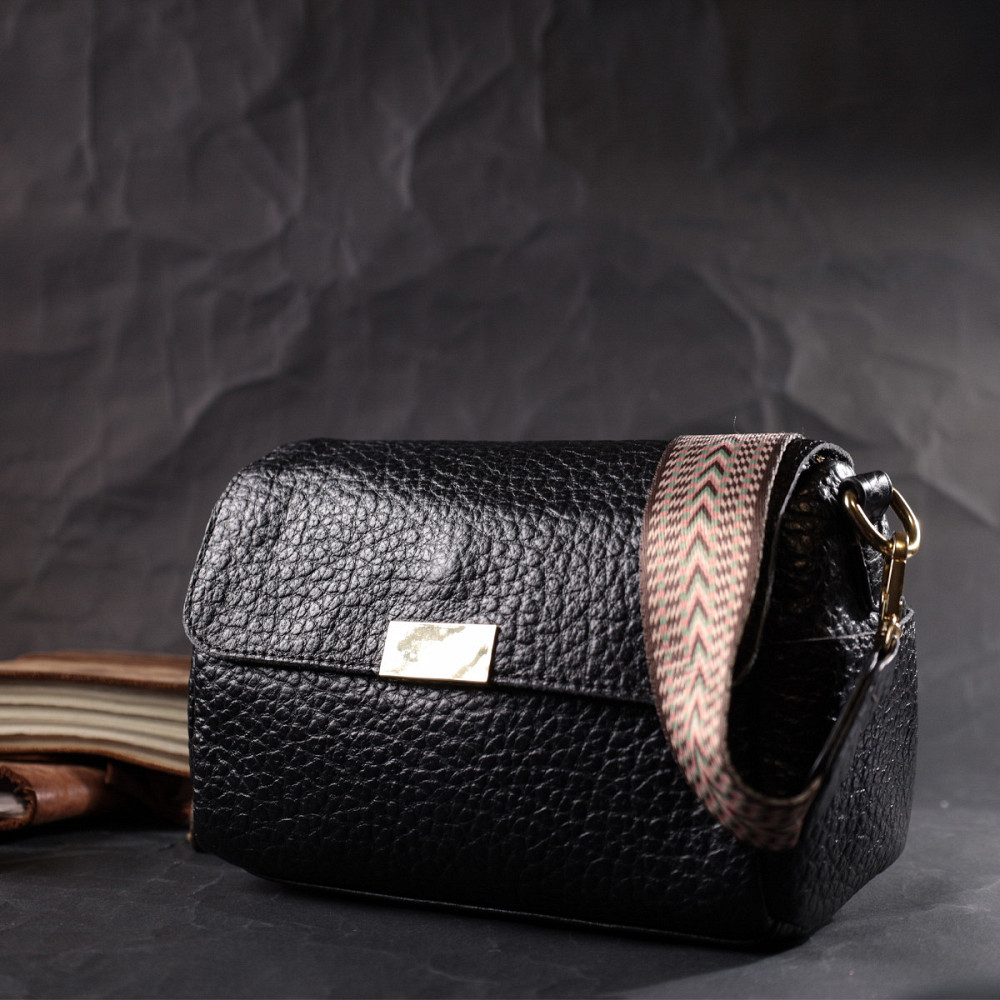 Класична шкіряна сумка з оригінальною плечовою лямкою Vintage 22405 Чорна Київ - фото 9