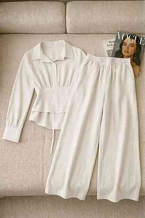 Жіночий стильний трендовий повсякденний костюм льон жатка Молочний, 48/50 Одеса