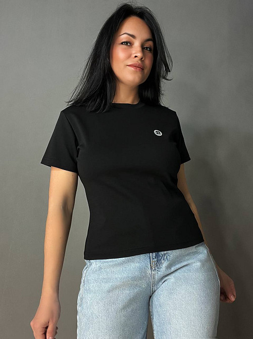 Футболка женская A-N 26048 базовая средняя длина классическая вышивка омега, черный, one size Киев - изображение 1