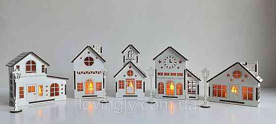 Різдвяні будиночки з підсвіткою — новорічний декор з дерева, комплект 5 шт. Ірпінь