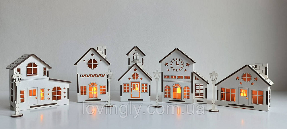 Рождественские домики с подсветкой - новогодний декор из дерева, комплект 5 шт. Ирпень - изображение 2