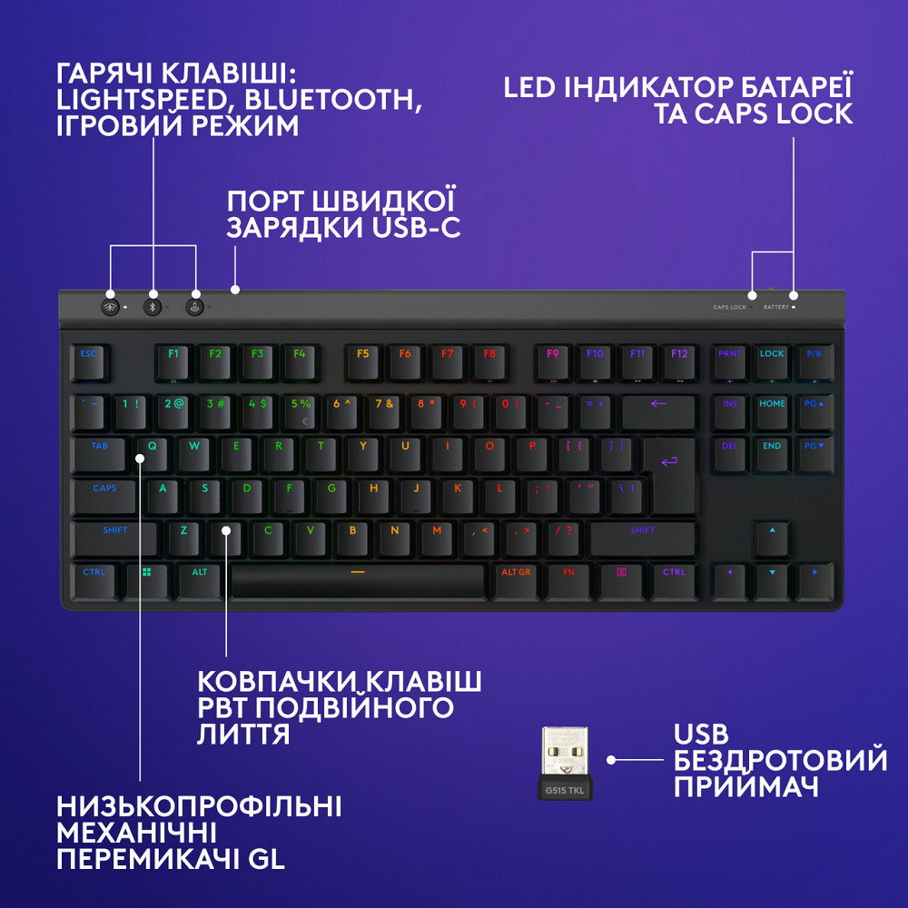 Клавіатура бездротова Logitech G515 Lightspeed TKL Wireless Black (920-014075) ( 12418 ) Харьков - изображение 7