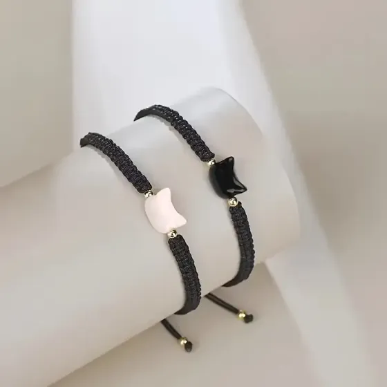 Парные браслеты с котиками – чёрный и белый, регулируемые 15–25 см Киев