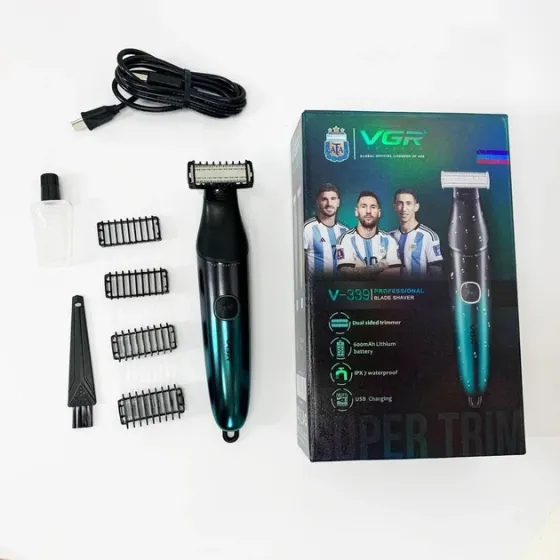 Бритва-тример для бороди та вусів VGR V-339 Green: водонепроникна IPX7, 4 насадки, USB, акумуляторна, зелена Одеса