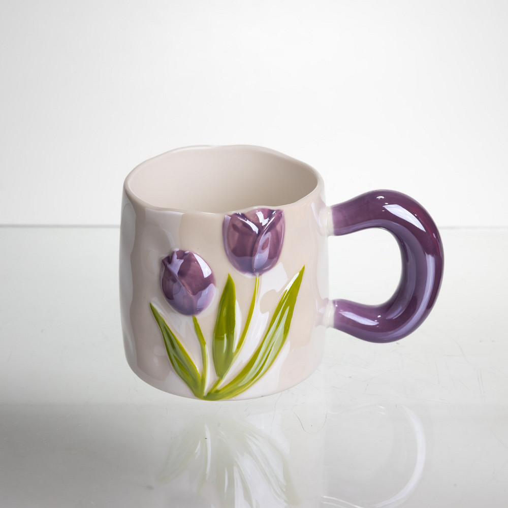 Новорічна порцелянова чашка для чаю та кави "Ніжний Тюльпан" з 3D-декором 400 мл,святкова кружка чашка на подарунок Фіолетовий Київ - фото 2