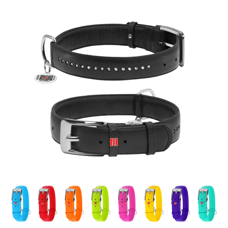 Нашийник для собак шкіряний WAUDOG Glamour з QR паспортом, подвійний зі стразами, M, Ш 20 мм, Д Коломия - фото 1
