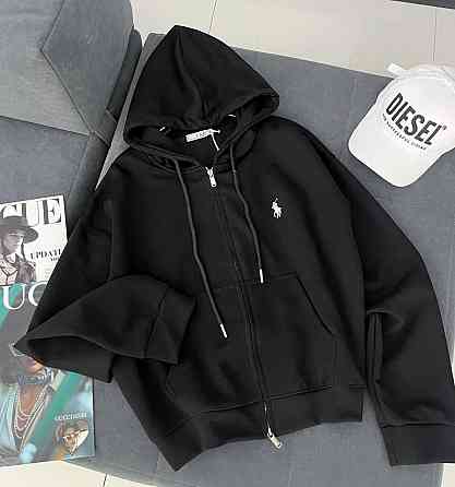 Женское повседневное оверсайз худи на молнии с капюшоном двунитка Черный Одесса