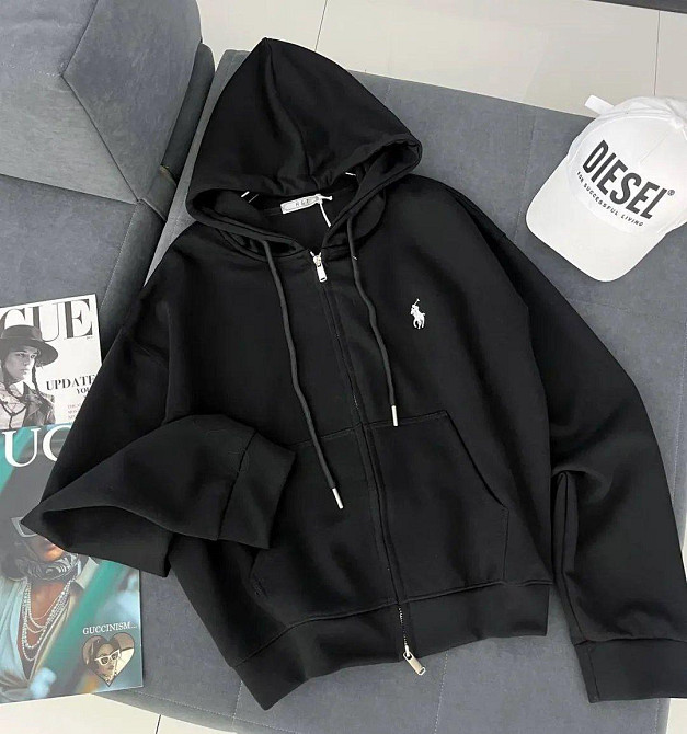 Жіноче повсякденне оверсайз худі на блискавці з капюшоном двонитка Чорний Одеса - фото 1