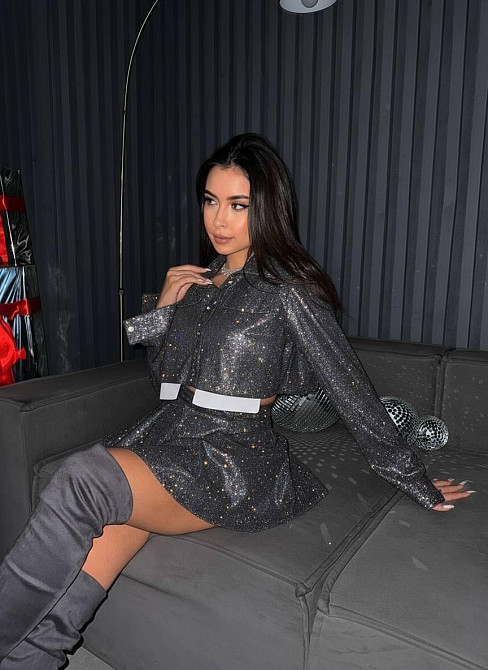 Жіночий святковий блискучий костюм-двійка: жакет і спідниця з шортами Графіт, 42/44 Одеса - фото 4