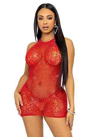Сукня-сітка зі стразами Leg Avenue Rhinestone halter mini dress Red, відкрита спина, one size Sex Aura Київ