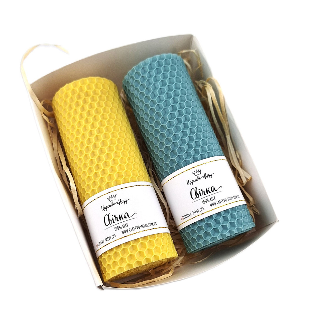 Набір патріотичних свічок із вощини Царство Меду 2 шт по 13 см жовто-блакитні. Одеса - фото 1