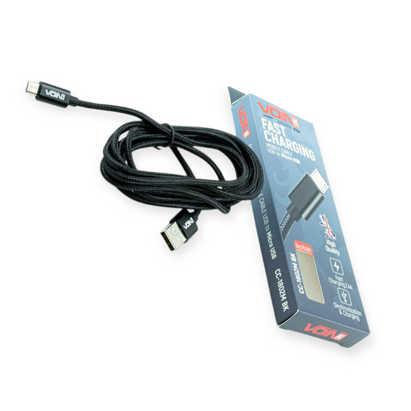 Кабель для заряджання Voin USB - Micro USB, 2м, 3.0А чорний, круглий кауч. обплетення Мукачево - фото 1