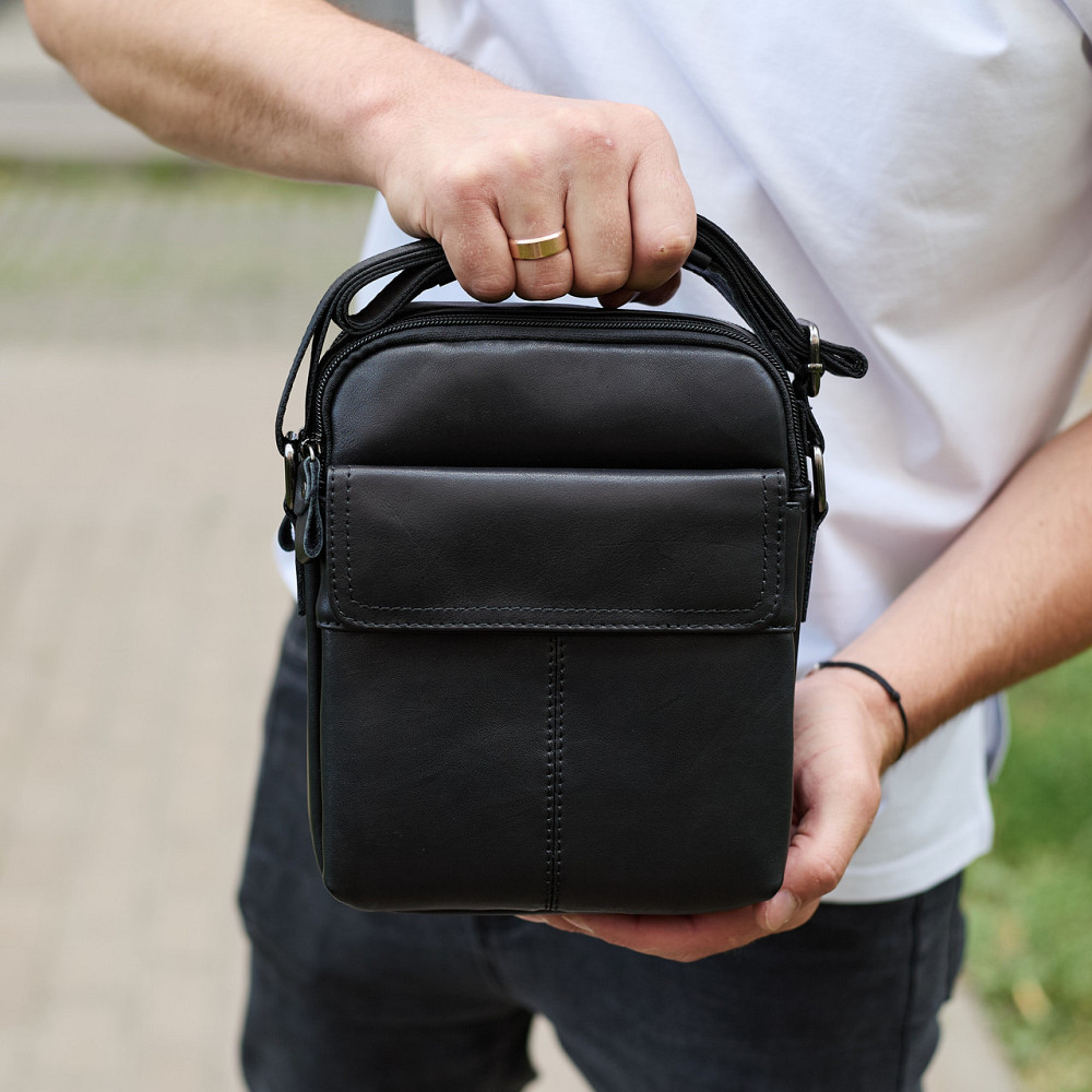 Сумка-барсетка мужская через плечо кожаная гладкая черная Tiding Bag TD-86573 Киев - изображение 7