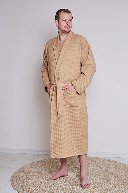 Чоловічий вафельний халат Ideal Textile довгий бежевий (56860609) XL Чернівці - фото 1