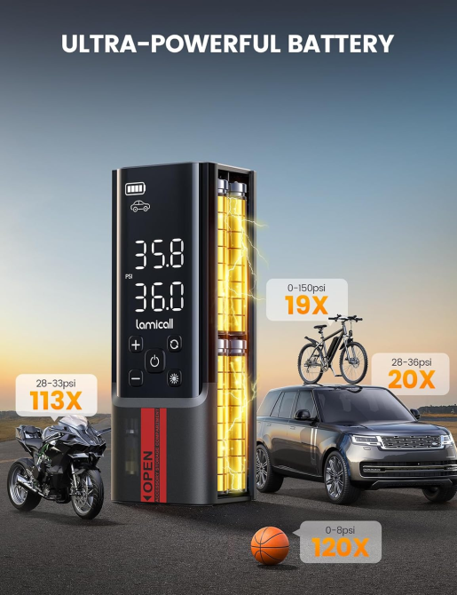 Портативный компрессор Lamicall 150 PSI, 35 л/мин, автостоп, 5 режимов, LED-дисплей и фонарик, для авто/вело/мото Киев - изображение 4
