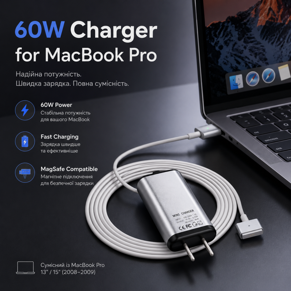 Зарядний Пристрій YGJ 60Вт MagSafe 1 Для MacBook Pro 13" 15" MacBook 2008–2009 Адаптер Живлення З Магнітним Роз'ємом T-Style Київ - фото 1