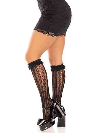 Гольфи ажурні Leg Avenue Sweetheart Ruffle Cuff Knee Highs, чорні, з рюшами, малюнок-сердечка Sex Aura Київ